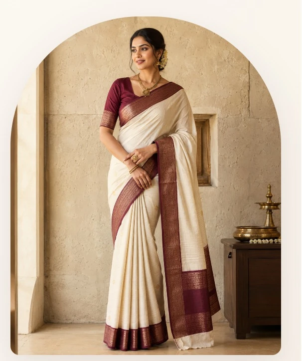 Woman wearing a cream saree with a maroon border, standing in an arched stone doorway